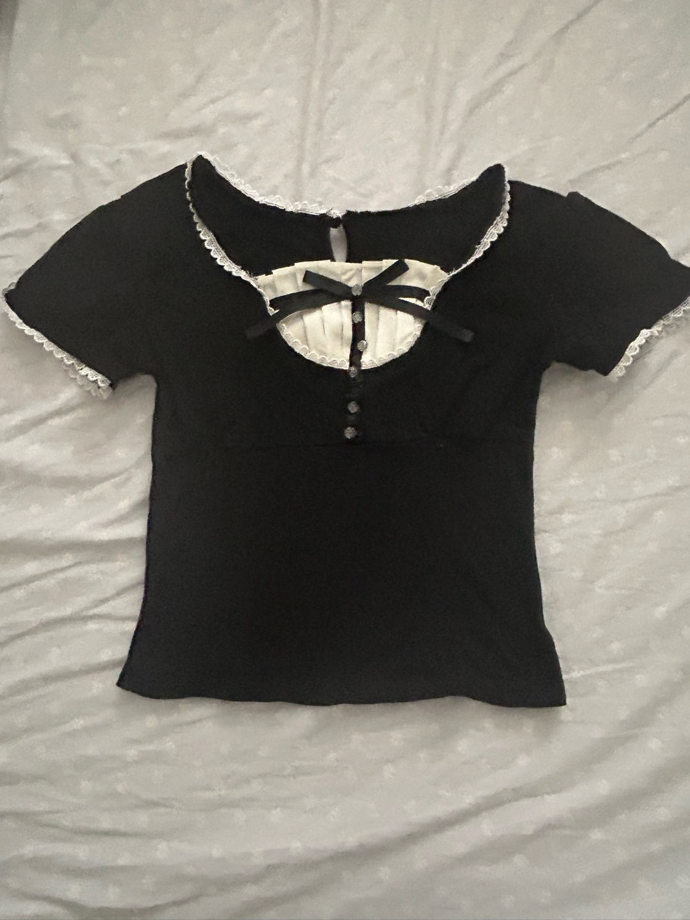 Black Milkmaid Top with White Lace Trim and Bow Detail